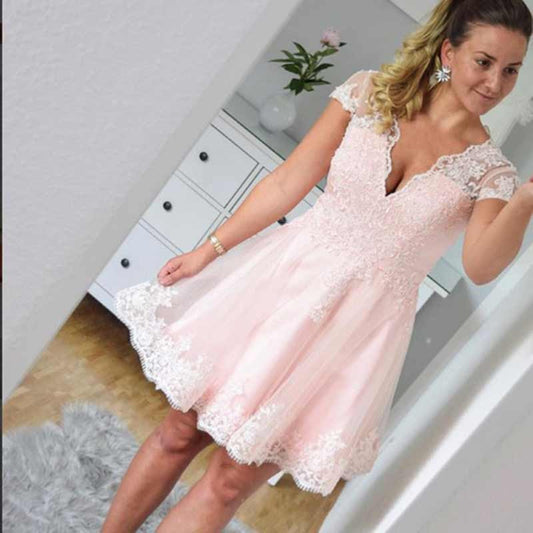 Cap Sleeve Deep Madalynn A Line Lace Homecoming Dresses Pink V Neck Sheer Pleated