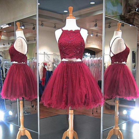 Burgundy Judy A Line Two Pieces Homecoming Dresses Beading Halter Criss Cross Backless Organza