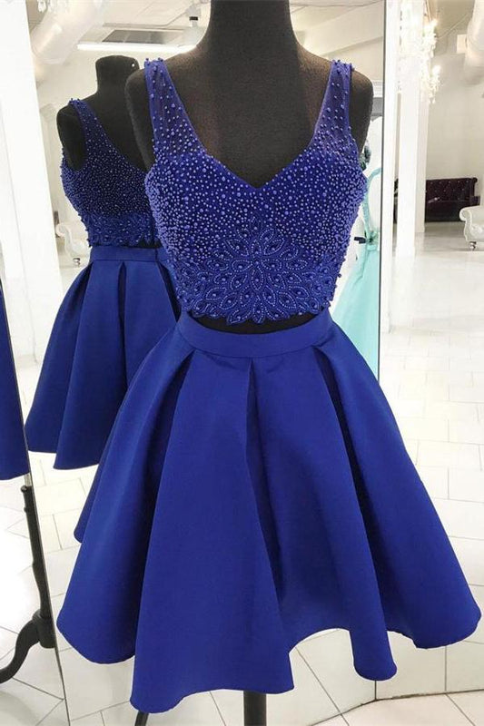 V Neck Sleeveless Beading Avery Homecoming Dresses Royal Blue Two Pieces A Line Satin Backless