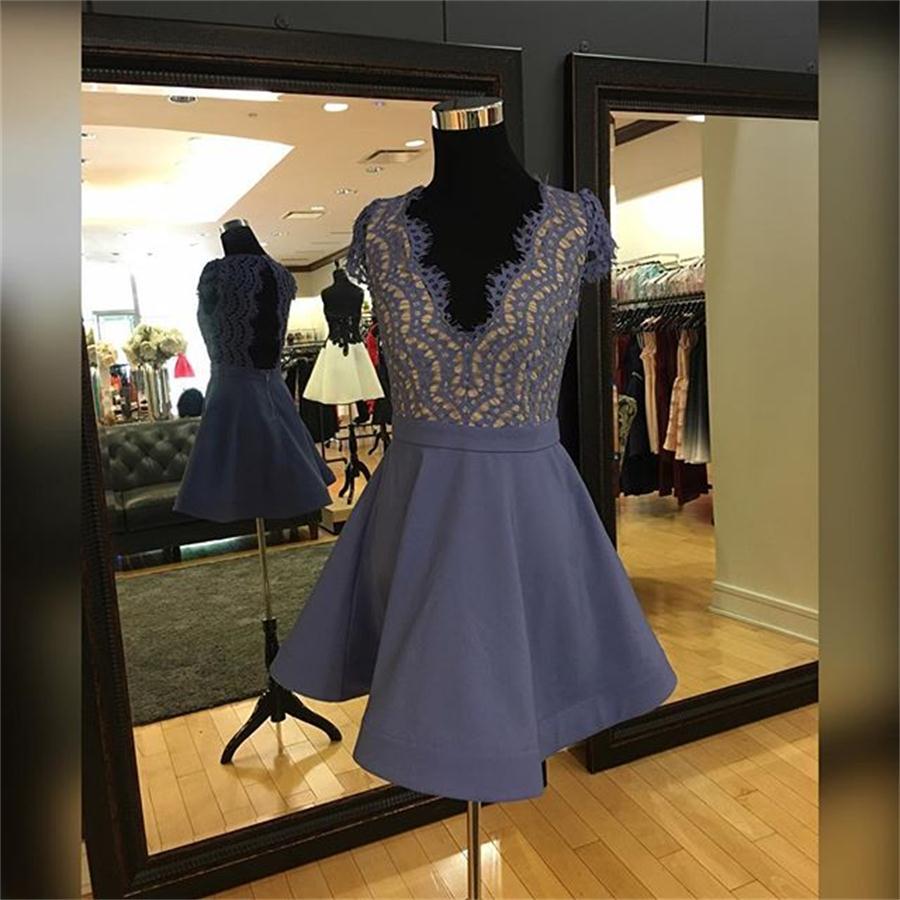 Cap Sleeve Deep V Neck Lace Homecoming Dresses A Line Kadence Satin Backless Lavender Pleated