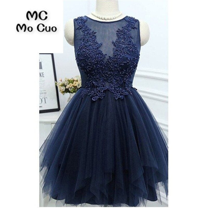 Jewel Sleeveless Appliques Beading Tulle Sheer Pleated A Line Homecoming Dresses Hallie Dark Navy