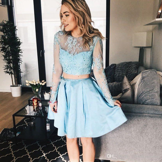 Long Sleeve Jewel Appliques Satin Two Pieces Lace A Line Homecoming Dresses Marilyn Sheer Light Blue