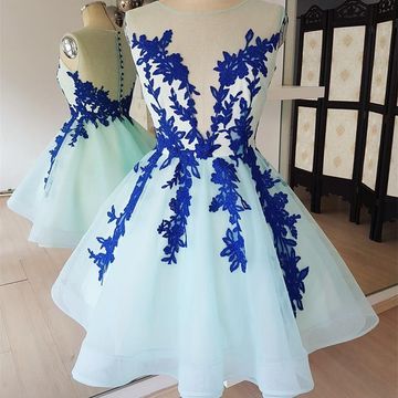 Blue Scoop Sleeveless Sheer Back Appliques Lace Erica A Line Homecoming Dresses Tulle