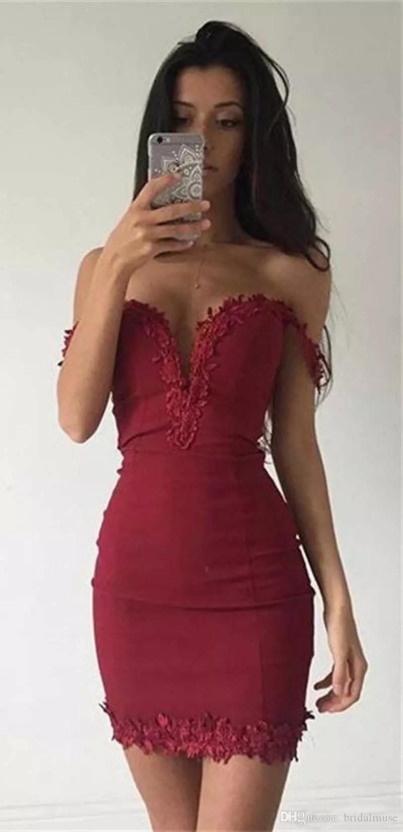 Off The Shoulder Deep V Neck Sheath Appliques Short Elva Satin Homecoming Dresses Burgundy