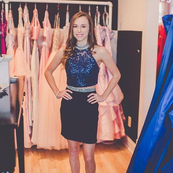 Halter Sheath Sequins Dark Navy Ashleigh Two Pieces Homecoming Dresses Appliques Rhinestone Sleeveless