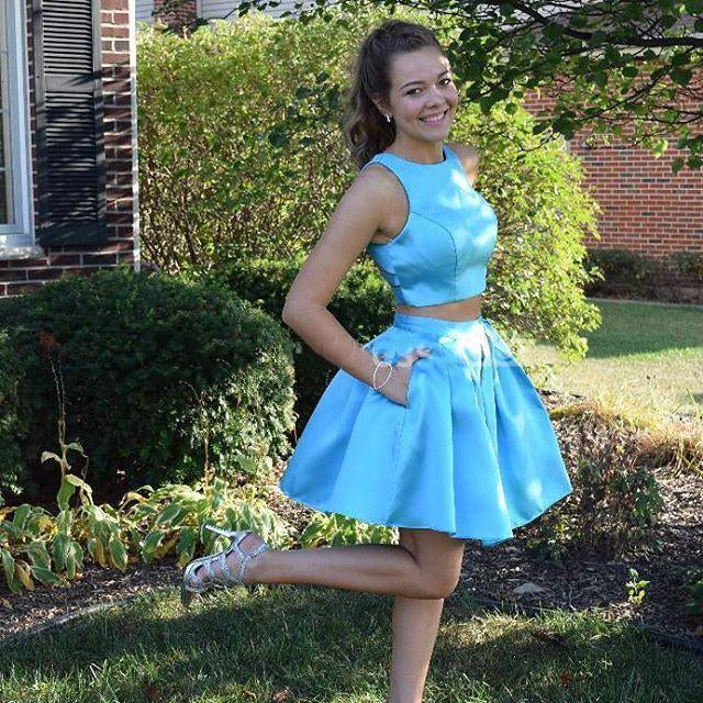 Jewel Sleeveless Blue Pockets Pleated A Line Satin Maia Two Pieces Homecoming Dresses Short