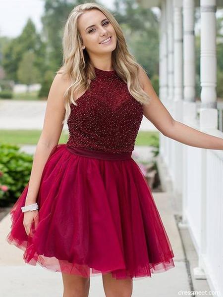 Halter Sleeveless Fuchsia Pleated A Line Homecoming Dresses Addisyn Tulle Short Cute