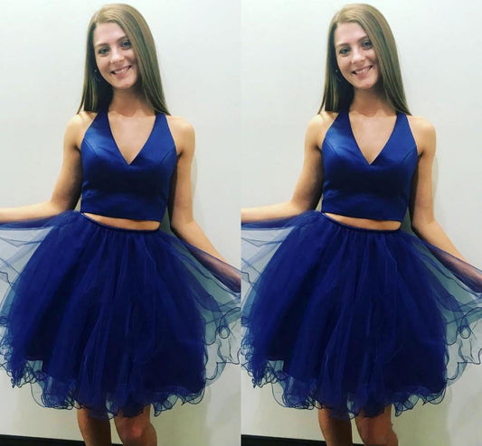 V Royal Blue Homecoming Dresses Salome Two Pieces A Line Neck Sleeveless Pleated Organza