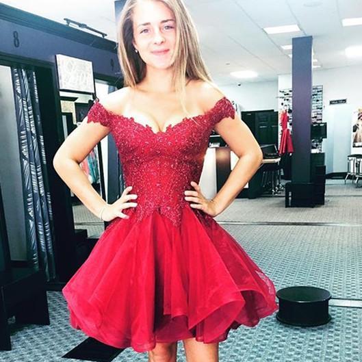 Appliques Lace Homecoming Dresses A Line Nia Off The Shoulder Organza Pleated Burgundy