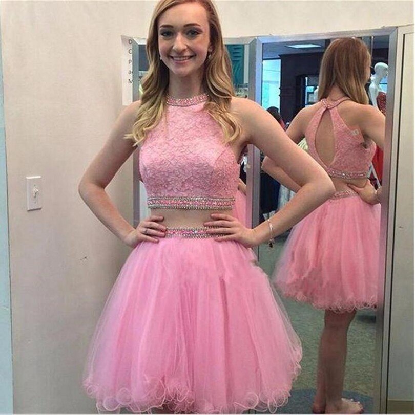 Sleeveless Halter Two Pieces Homecoming Dresses A Line Pink Quinn Appliques Organza Backless