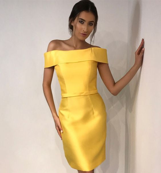 Sheath Homecoming Dresses Satin Kaylie Off The Shoulder Daffodil Simple Elegant Sexy