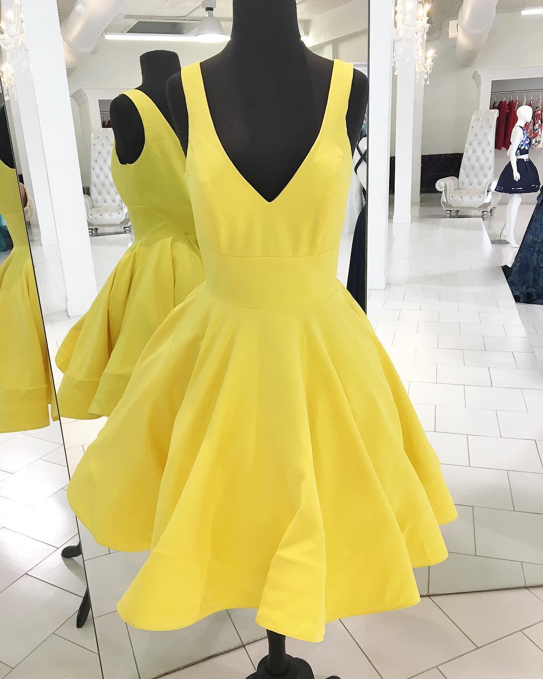 Deep V Neck Daffodil Homecoming Dresses Karma A Line Satin Sleeveless Pleated Backless