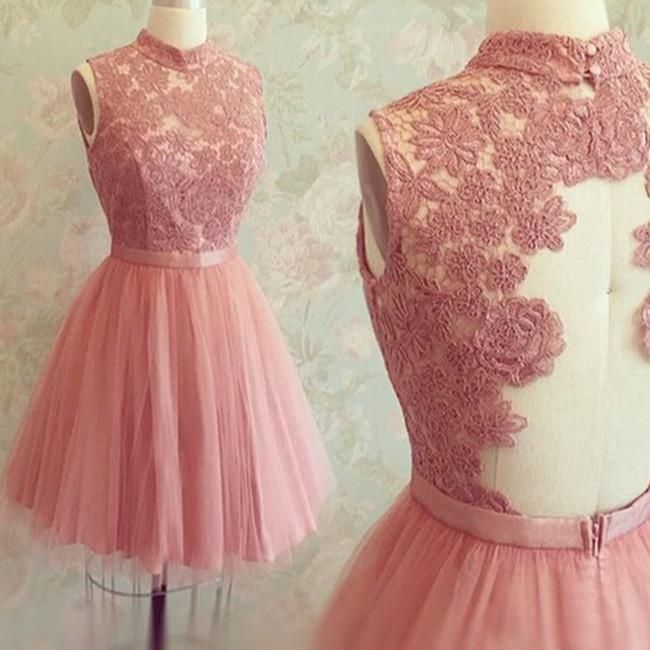 Sleeveless High Neck Appliques Liana Pink Lace Homecoming Dresses A Line Sheer Back Tulle Pleated