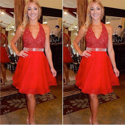 Chiffon Homecoming Dresses Precious A Line Backless Halter V Neck Red Beading Knee Length