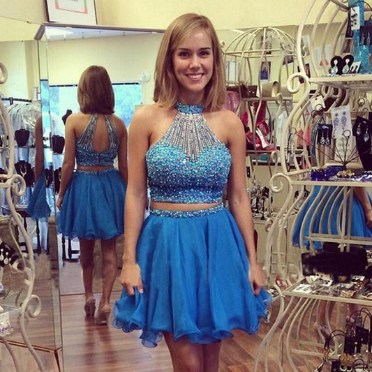 Backless Halter Sleeveless Beading Organza Two Pieces Celeste A Line Homecoming Dresses Blue