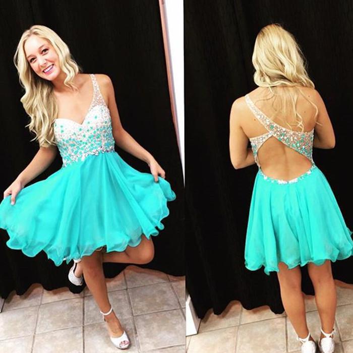 Straps V Neck Sleeveless A Line Chiffon Homecoming Dresses Cheyanne Blue Backless Beading Cut Out