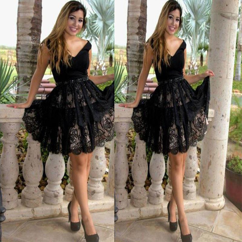 Black Skyla A Line Homecoming Dresses Lace Off Shoulder V Neck Flowers Elegant Sexy