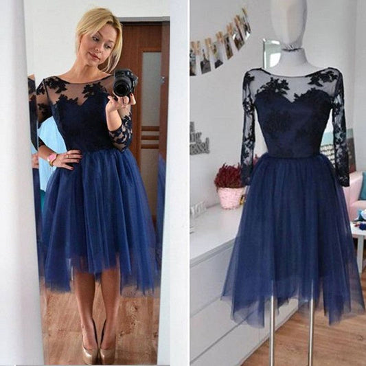 Alisha Homecoming Dresses A Line Long Sleeve Scoop Appliques Sheer Pleated Tulle Flowers