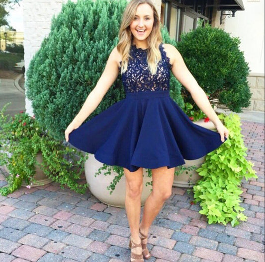 Dark Navy Appliques Savanna Lace Satin Homecoming Dresses A Line Sleeveless Halter Pleated