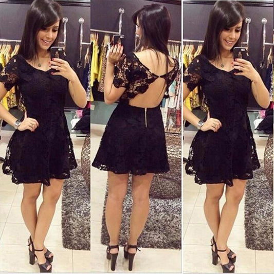 Backless Scoop Black A Line Lace Homecoming Dresses Madilynn Short Sleeve Sexy Flowers Pleated