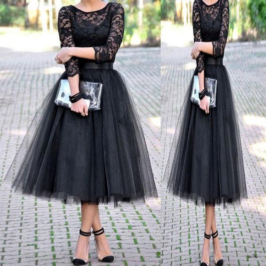 Scoop Black Lace Carley A Line Homecoming Dresses Long Sleeve Sheer Tulle Pleated Elegant