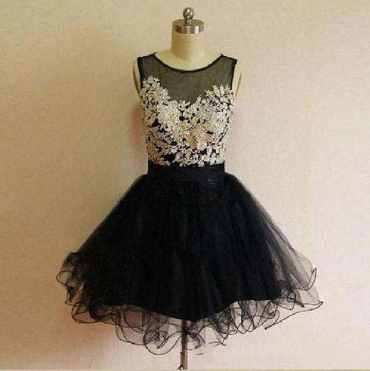 Emerson A Line Homecoming Dresses Black Scoop Sleeveless Appliques Organza Pleated Sheer