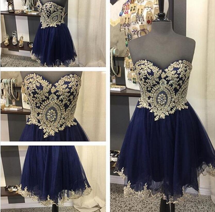 Strapless Sweetheart Dark Navy Tulle A Line Heidy Homecoming Dresses Lace Appliques Exquisite