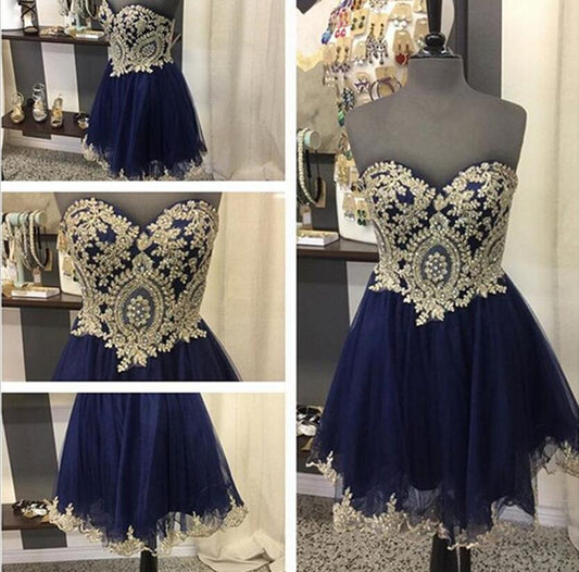 Strapless Sweetheart Dark Navy Tulle A Line Heidy Homecoming Dresses Lace Appliques Exquisite