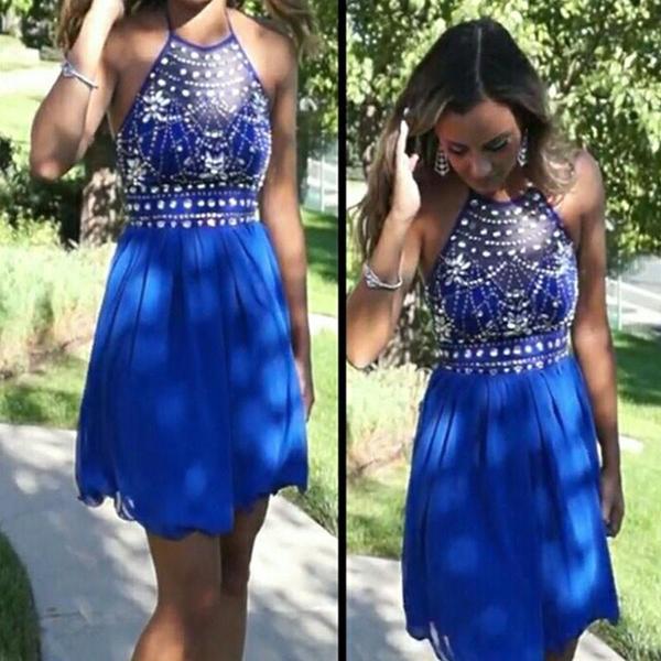 Rhinestone Homecoming Dresses Chiffon Aniyah A Line Royal Blue Beading Halter Sleeveless