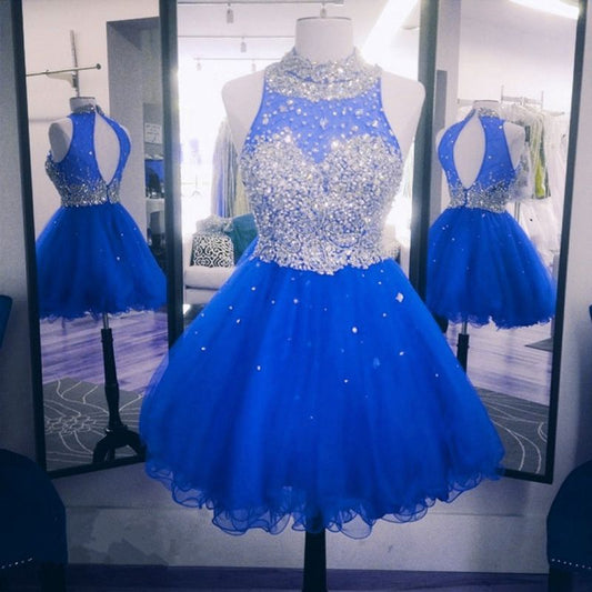 Homecoming Dresses Lia A Line Royal Blue High Neck Sleeveless Backless Organza Appliques