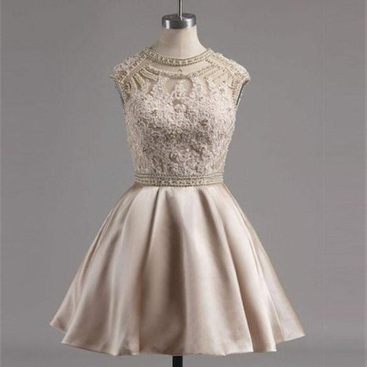 Jewel Appliques Satin Tess A Line Homecoming Dresses Ivory Beading Hollow Cap Sleeve Pleated