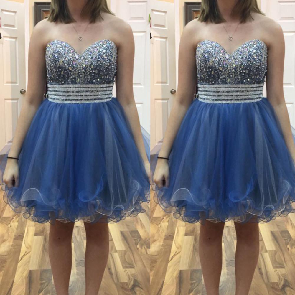 Organza Homecoming Dresses Setlla A Line Blue Strapless Sweetheart Rhinestone Beading Pleated