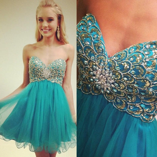 Blue Strapless Dulce Homecoming Dresses A Line Sweetheart Beading Rhinestone Sequins Organza Pleated