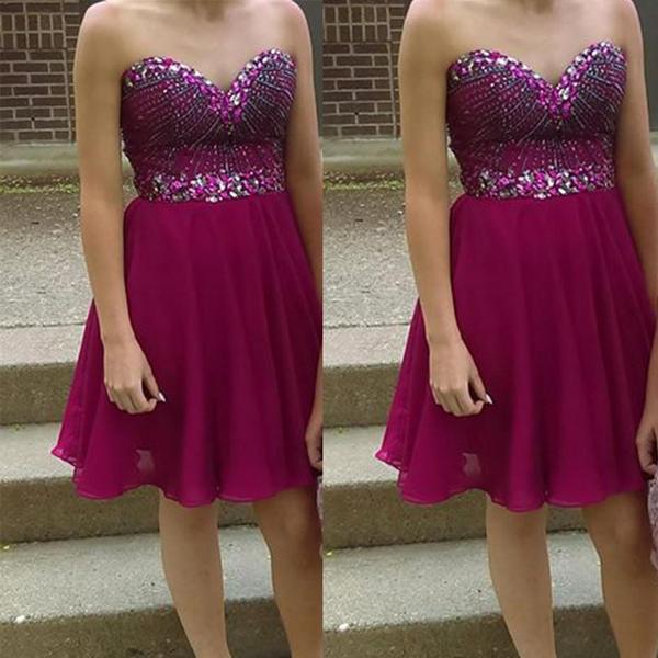 Strapless Sweetheart Beading Rhinestone Chiffon Homecoming Dresses Cloe A Line Fuchsia