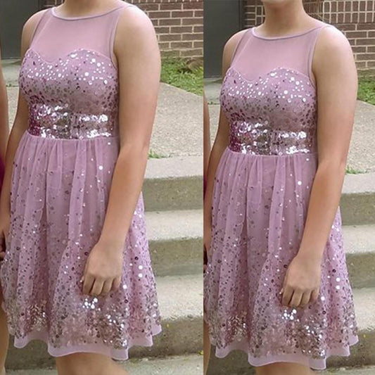 Jewel Sleeveless Sheer Homecoming Dresses A Line Elizabeth Pink Sequins Pleated