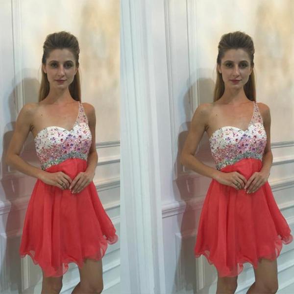 One Shoulder Straps Sleeveless Sweetheart Phoenix Homecoming Dresses Organza Coral Pleated