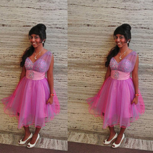 V Neck Sleeveless Sheer Rhinestone Organza Pink Cristina A Line Homecoming Dresses Pleated