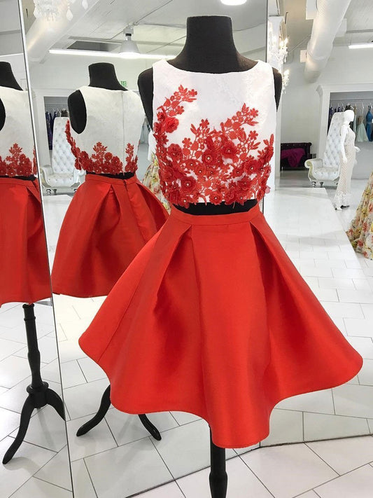 Sleeveless Rayne Two Pieces Satin Homecoming Dresses Jewel Pleated Red Appliques Flowers Short