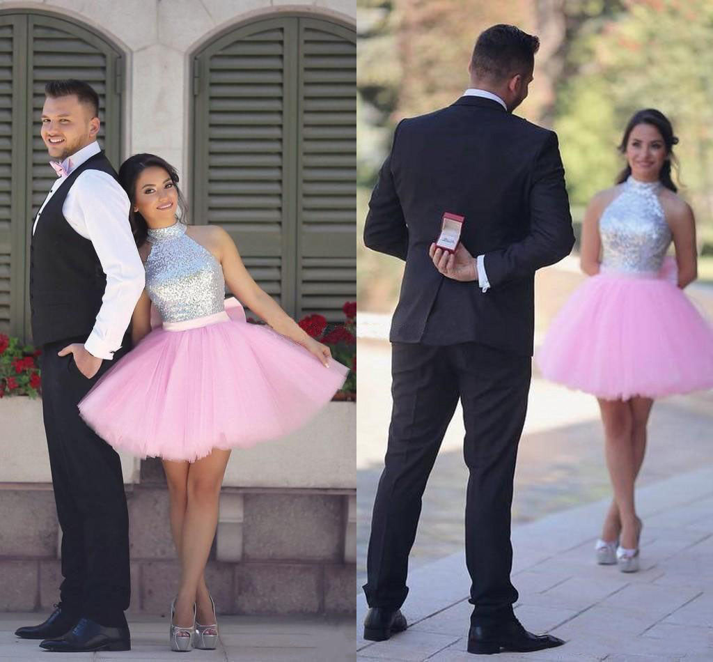 Ball Homecoming Dresses Talia Pink Gown Halter Sleeveless Cute Short Tulle Beading