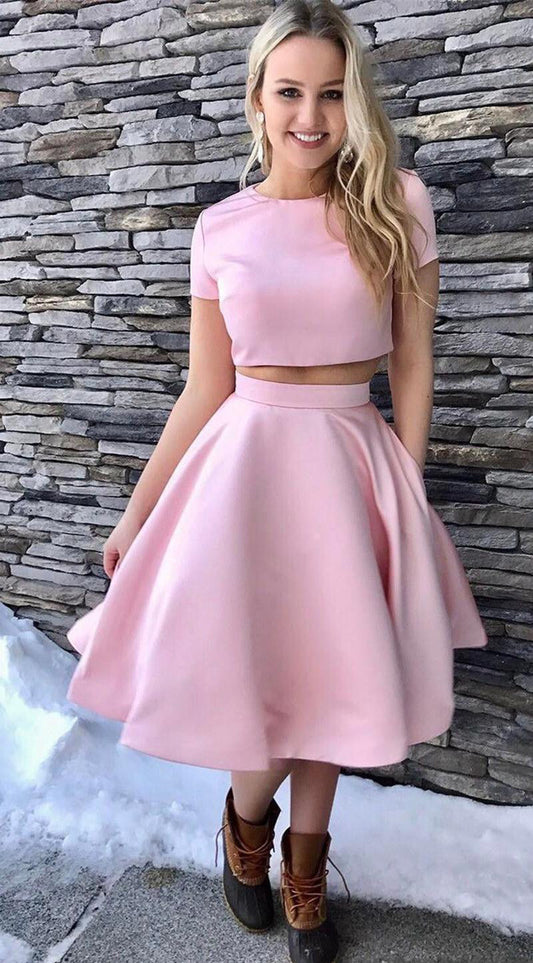 Short Sleeve Jewel Two Pieces Homecoming Dresses Pink A Line Satin Sydnee Pleated