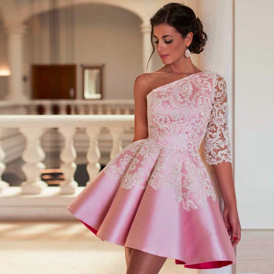 One Shoulder Maci Satin Homecoming Dresses Pink Half Sleeve Appliques Flowers Hollow Pleated