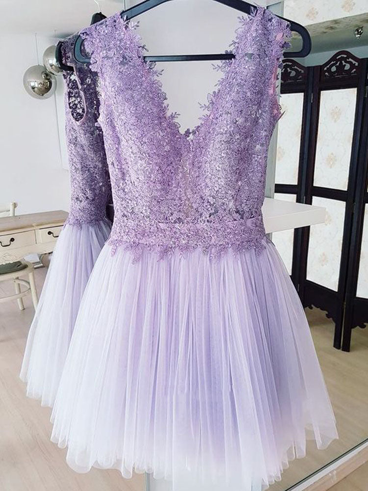 Homecoming Dresses Lace A Line Hope Deep V Neck Lavender Tulle Pleated Sleeveless Backless