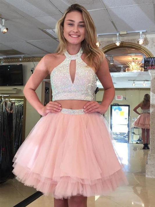 Halter Sleeveless Cut Out Samantha A Line Two Pieces Pink Homecoming Dresses Pleated Tulle Beading