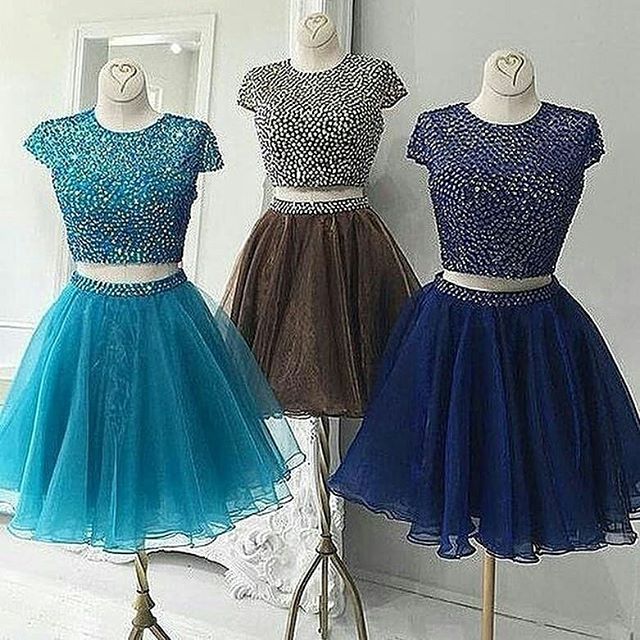 Two Pieces Madeleine A Line Homecoming Dresses Cap Sleeve Organza Pleated Rhinestone Round Neck