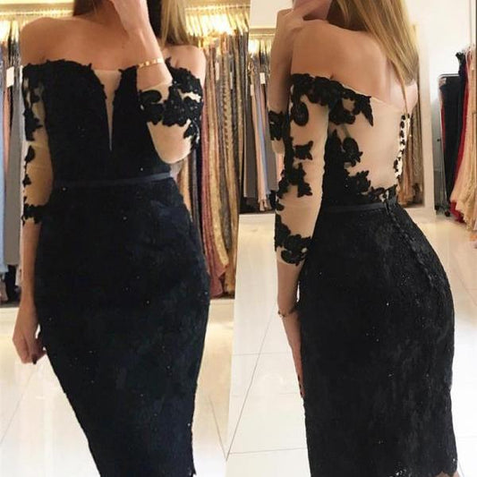 Off The Shoulder Long Sleeve Sheath Homecoming Dresses Miranda Sheer Appliques Flowers