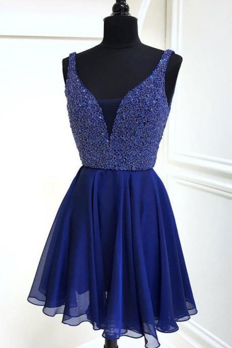 Deep V Neck Appliques Chiffon Homecoming Dresses Melody A Line Royal Blue Sparkle Sleeveless