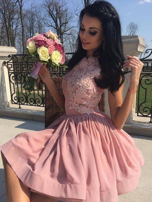 Jewel Sleeveless Katelyn Homecoming Dresses Pink Satin A Line Pleated Appliques Flowers