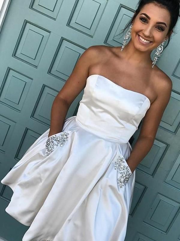 Strapless Ivory Homecoming Dresses Kristina Satin A Line Sleeveless Pleated Rhinestone Short