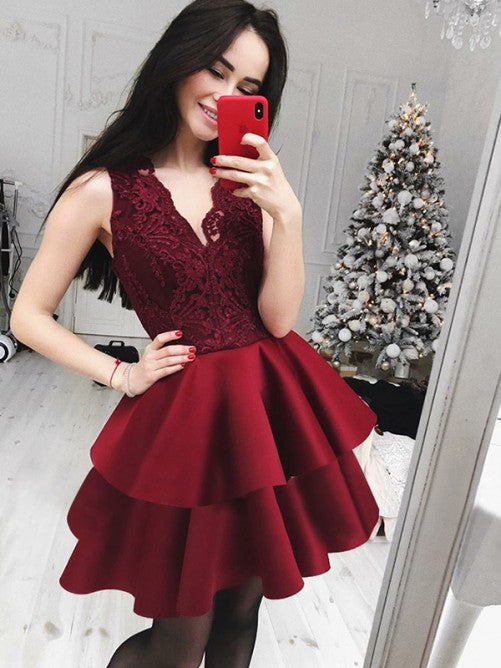 Deep V A Line Homecoming Dresses Fiona Lace Neck Sleeveless Tiered Pleated Burgundy Appliques