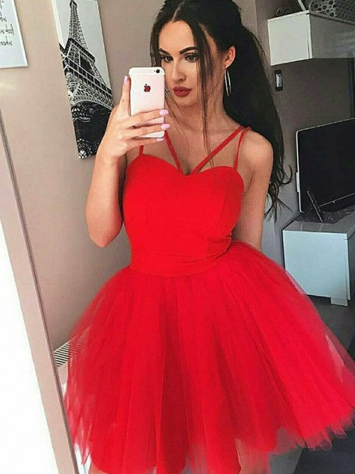 Spaghetti Straps Ball Gown Pleated Tulle Cherish Homecoming Dresses Sleeveless Red